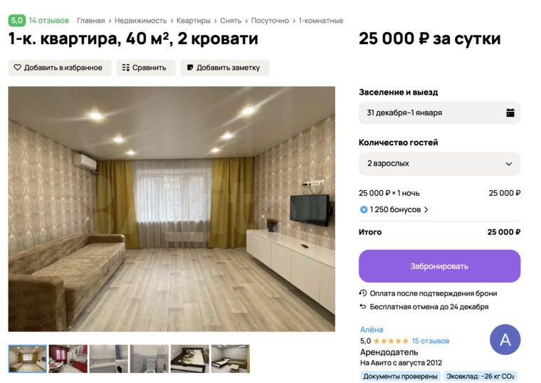 «Однушка» в Челябинске на новогоднюю ночь обойдется в 25 тысяч. Скрин
